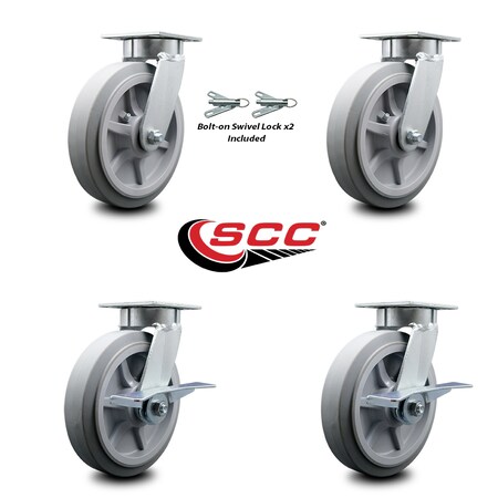 Service Caster 8 Inch Kingpinless Thermoplastic Rubber Wheel Caster Swivel Locks 2 Brakes, 2PK SCC-KP30S820-TPRRF-BSL-2-SLB-2